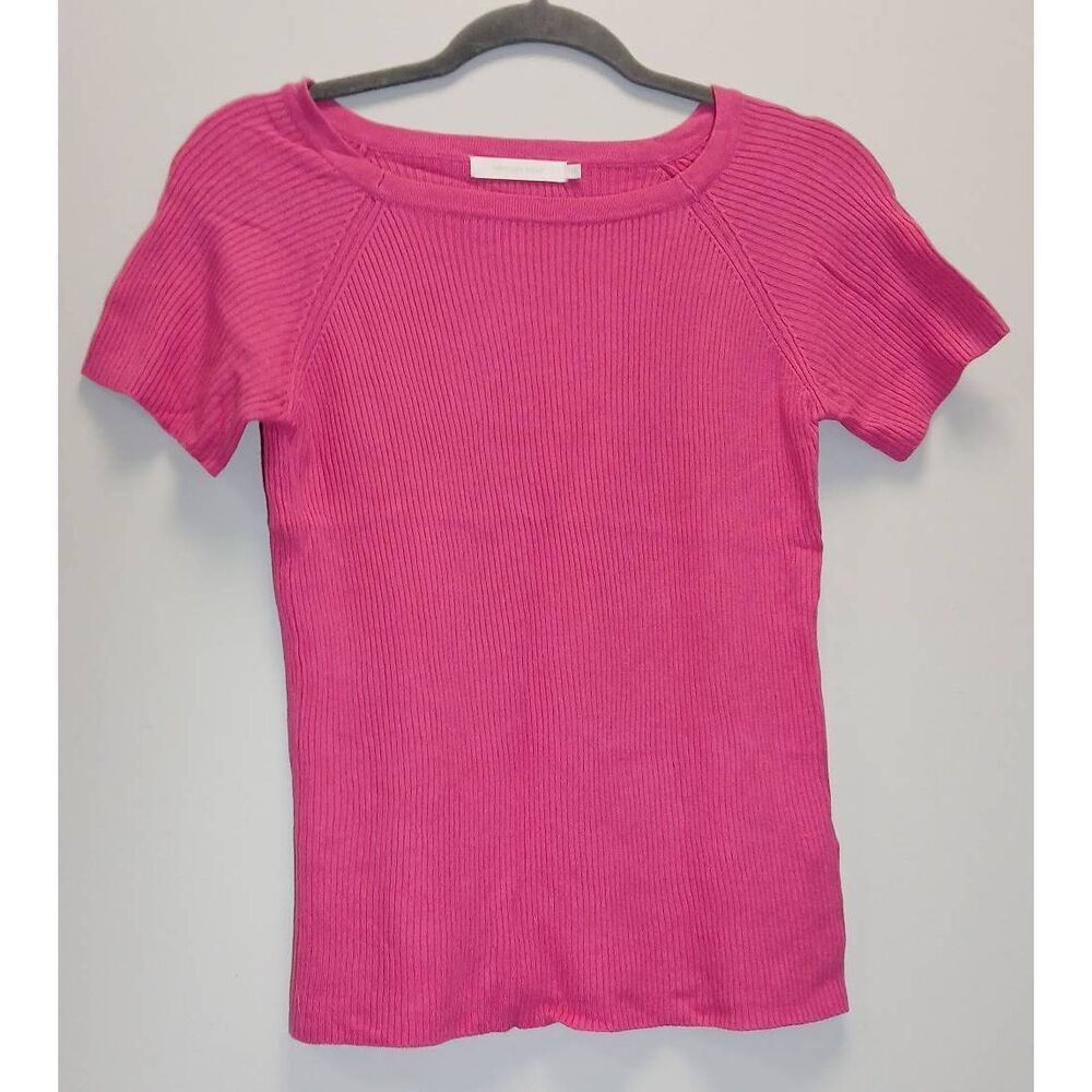 American holic womens medium boat neck top pink fitted stretch Spring Summer